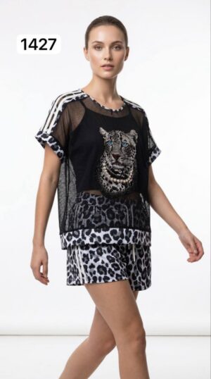 Leopard Print Mesh Top & Leopard Shorts Set Leopard Print Mesh Top & Leopard Shorts Set