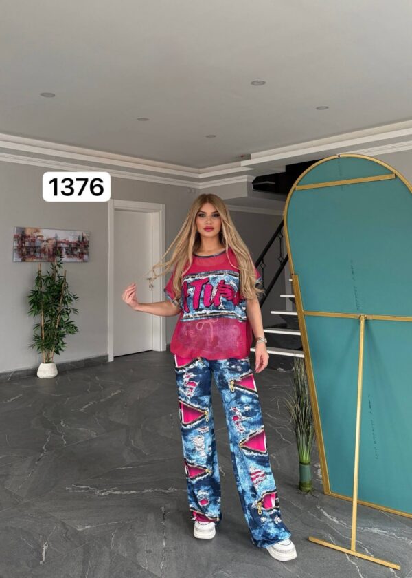 TATU1376 Red & Blue Distressed Two-Piece Set - Wholesale