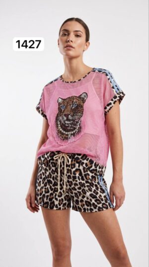 Leopard Print Mesh Top & Leopard Shorts Set