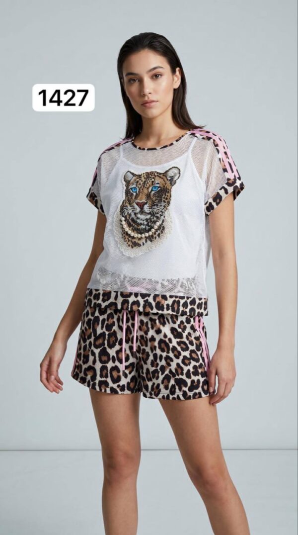 Leopard Print Mesh Top & Leopard Shorts Set Leopard Print Mesh Top & Leopard Shorts Set