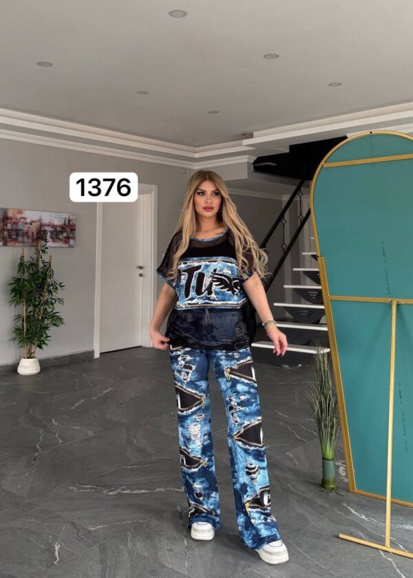 TATU1376 Red & Blue Distressed Two-Piece Set - Wholesale