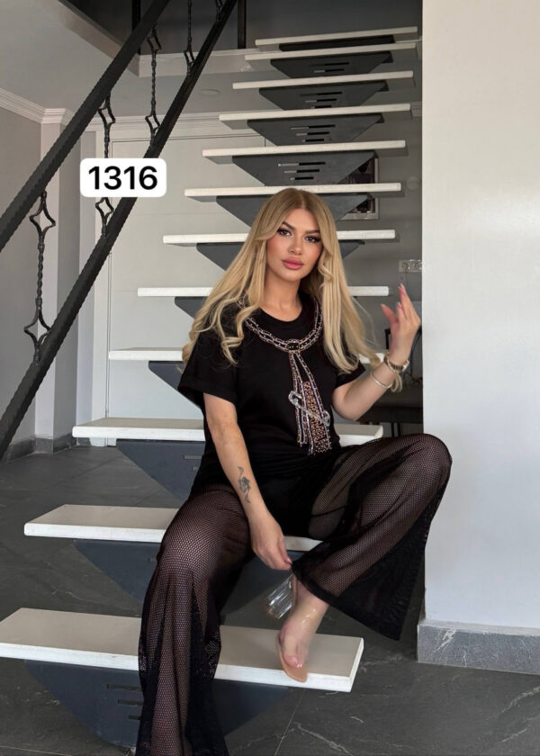 Premium Black Mesh Two-Piece Set with Embellished Neckline Premium Black Mesh Two-Piece Set with Embellished Neckline