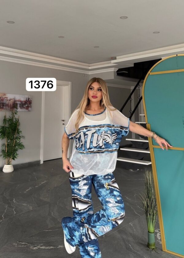 TATU1376 Red & Blue Distressed Two-Piece Set - Wholesale