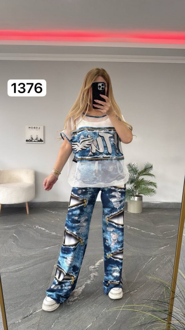 TATU1376 Red & Blue Distressed Two-Piece Set - Wholesale
