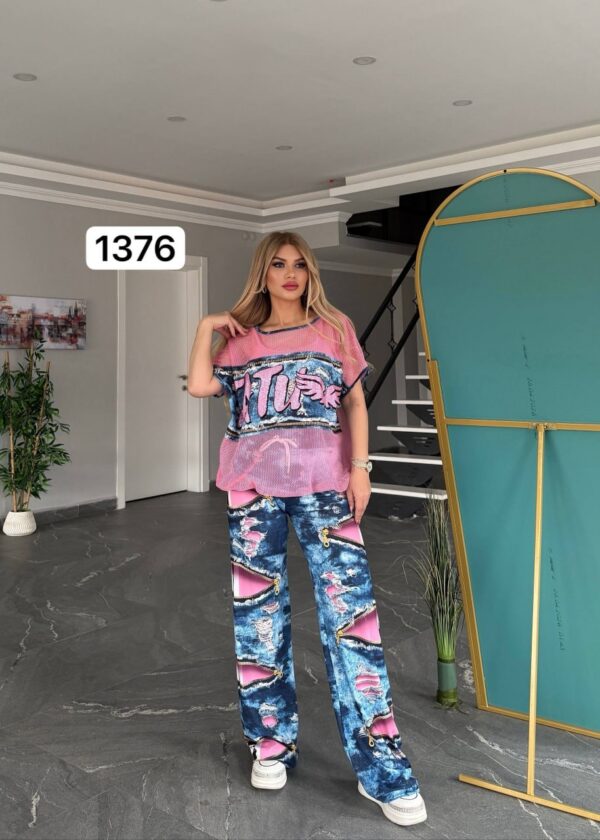 TATU1376 Red & Blue Distressed Two-Piece Set - Wholesale