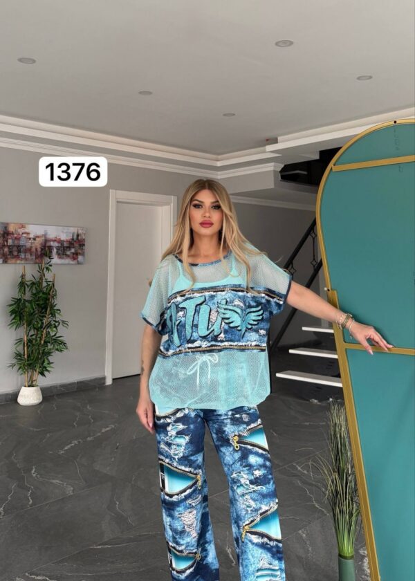 TATU1376 Red & Blue Distressed Two-Piece Set - Wholesale