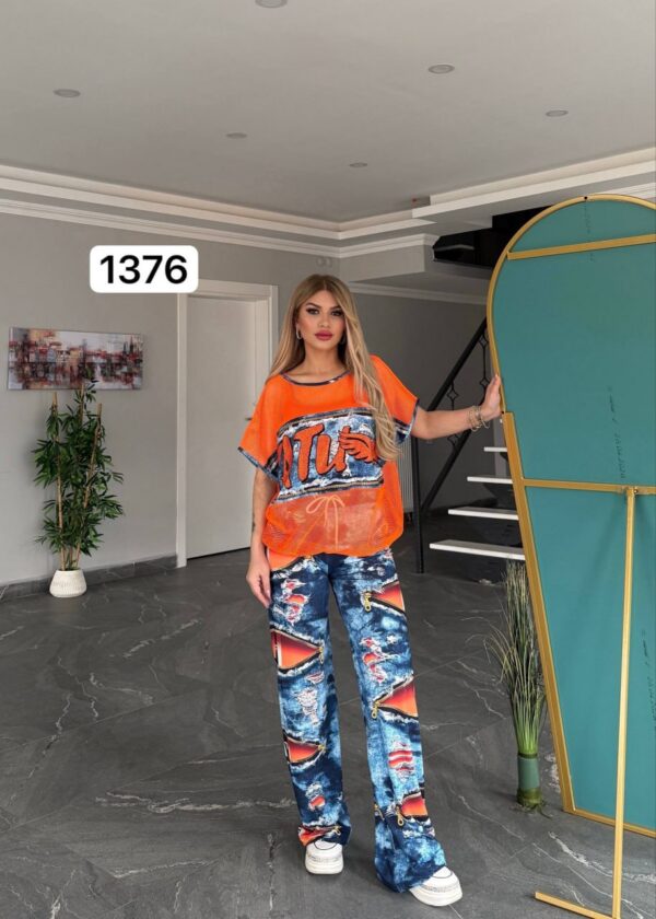 TATU1376 Red & Blue Distressed Two-Piece Set - Wholesale