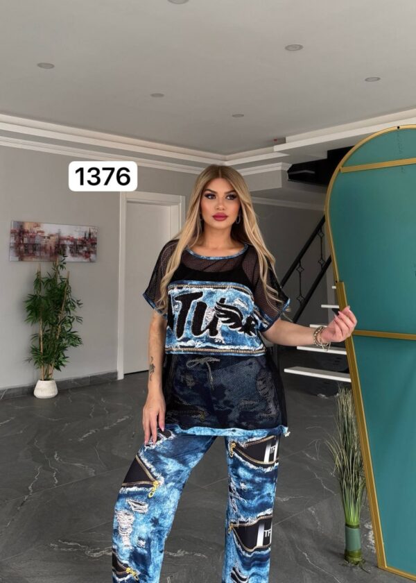 TATU1376 Red & Blue Distressed Two-Piece Set - Wholesale