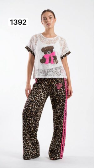 TATU1392 Lace Top with Leopard Print Bottom Set