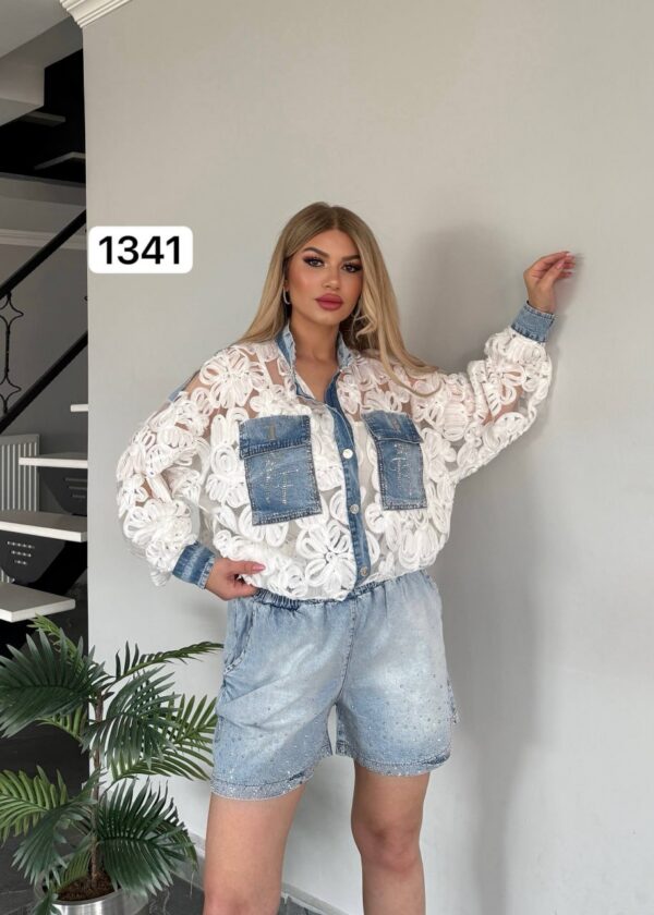 TATU1341 Lace & Denim Hybrid Jacket with Cargo Pockets TATU1341 Lace & Denim Hybrid Jacket with Cargo Pockets