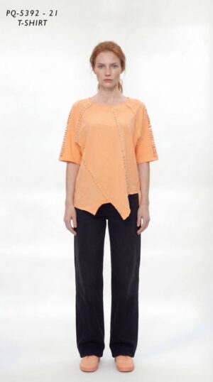 Premium Asymmetric Orange T-Shirt with Decorative Stitching