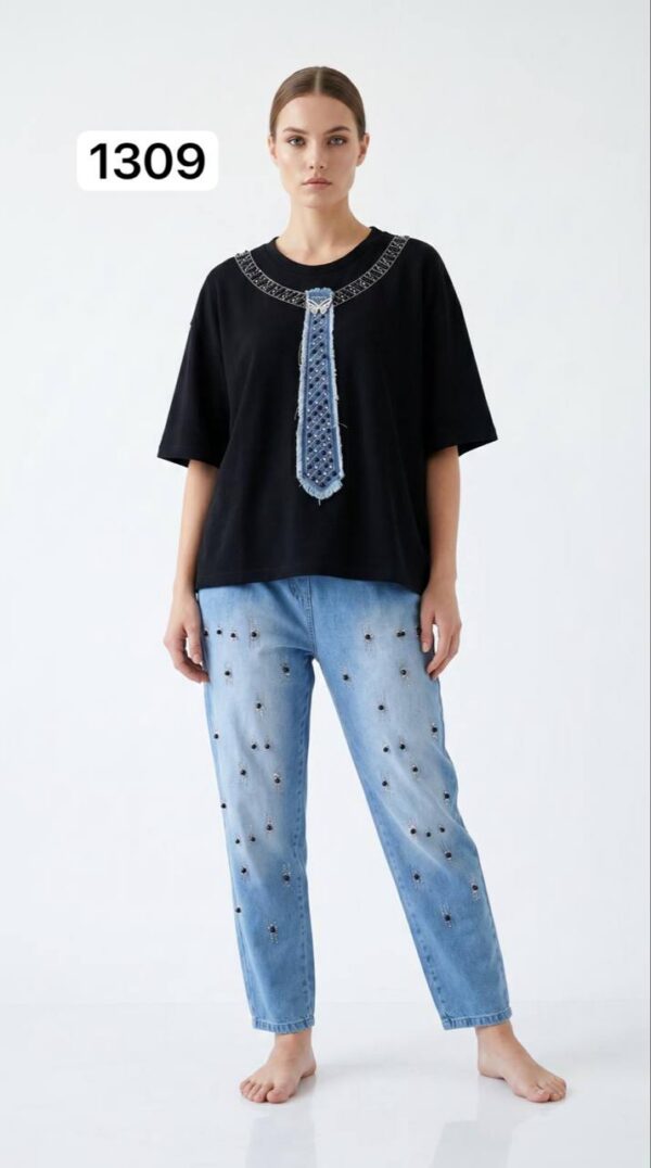 TATU1309 Premium Two-Piece Set - Decorative Top & Embellished Denim Bottoms TATU1309 Premium Two-Piece Set - Decorative Top & Embellished Denim Bottoms
