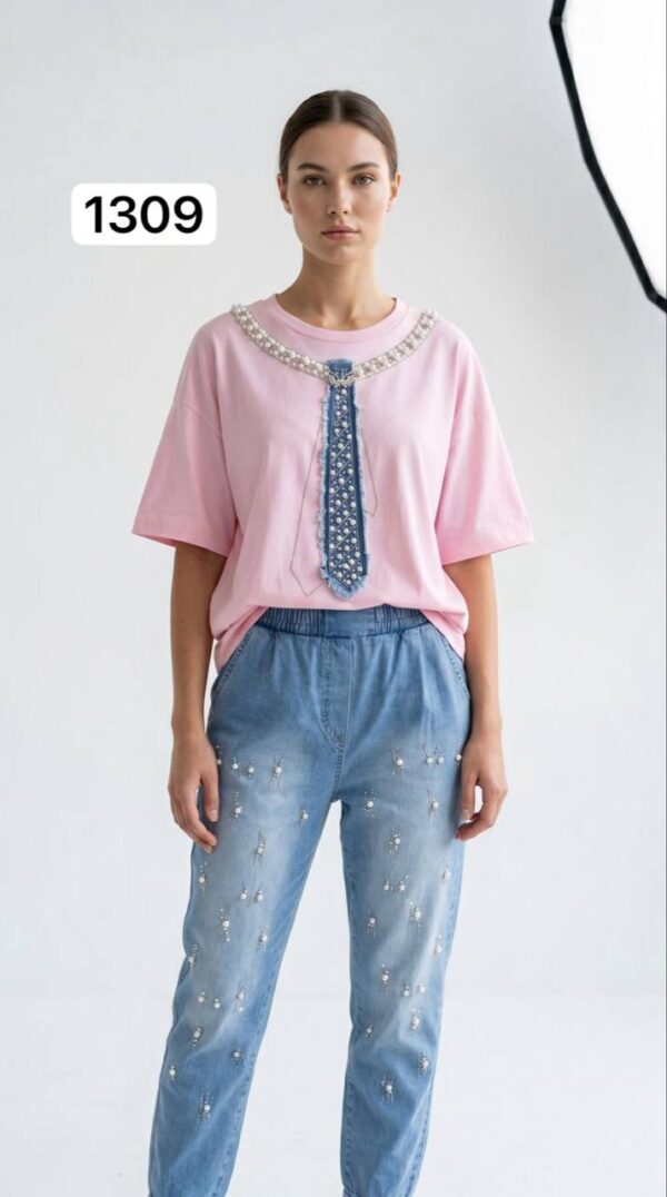 TATU1309 Premium Two-Piece Set - Decorative Top & Embellished Denim Bottoms TATU1309 Premium Two-Piece Set - Decorative Top & Embellished Denim Bottoms