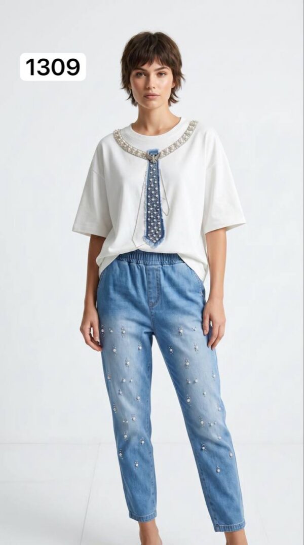 TATU1309 Premium Two-Piece Set - Decorative Top & Embellished Denim Bottoms TATU1309 Premium Two-Piece Set - Decorative Top & Embellished Denim Bottoms