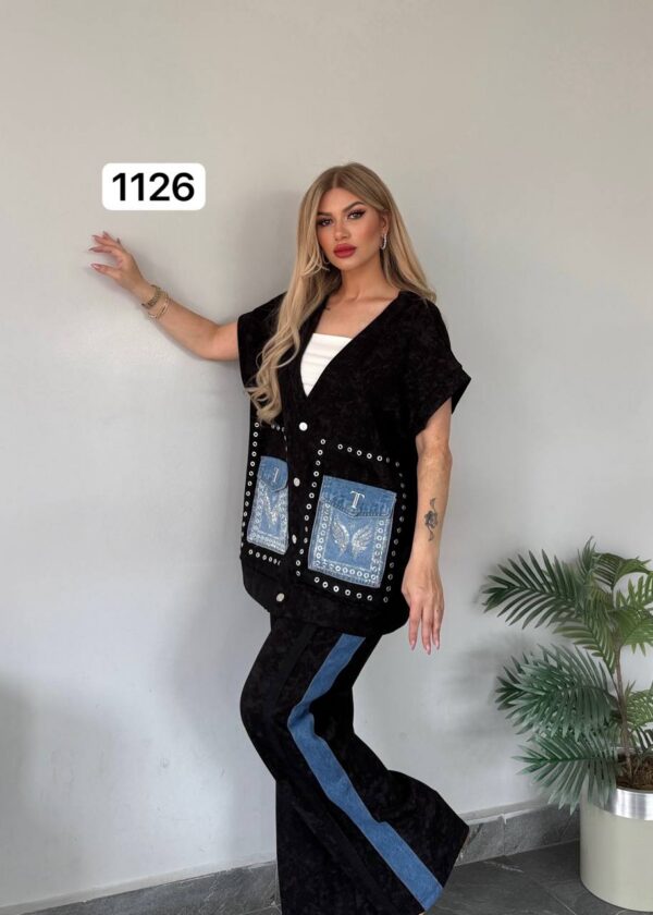 TATU1126 Premium Black Two-Piece Set with Denim Pocket Detail TATU1126 Premium Black Two-Piece Set with Denim Pocket Detail