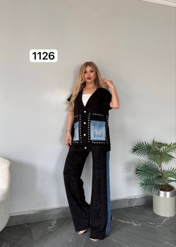 TATU1126 Premium Black Two-Piece Set with Denim Pocket Detail TATU1126 Premium Black Two-Piece Set with Denim Pocket Detail