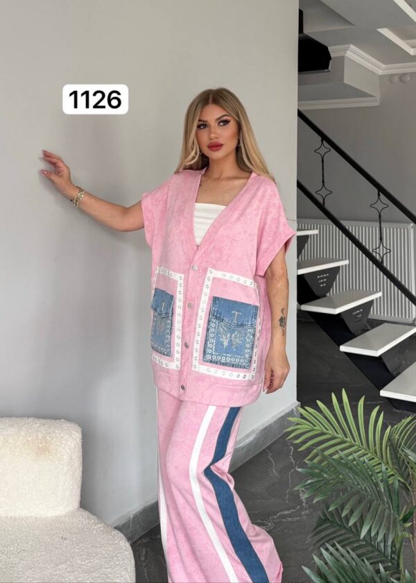 TATU1126 Premium Black Two-Piece Set with Denim Pocket Detail TATU1126 Premium Black Two-Piece Set with Denim Pocket Detail