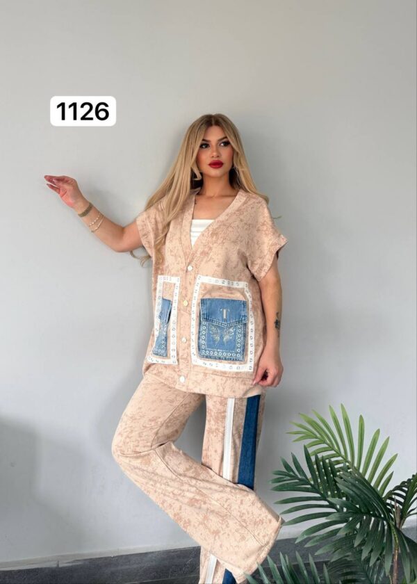 TATU1126 Premium Black Two-Piece Set with Denim Pocket Detail TATU1126 Premium Black Two-Piece Set with Denim Pocket Detail