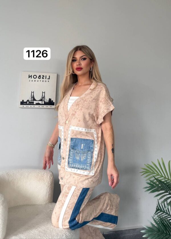 TATU1126 Premium Black Two-Piece Set with Denim Pocket Detail TATU1126 Premium Black Two-Piece Set with Denim Pocket Detail