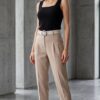 Premium Beige Pleated Trousers with Belt Detail