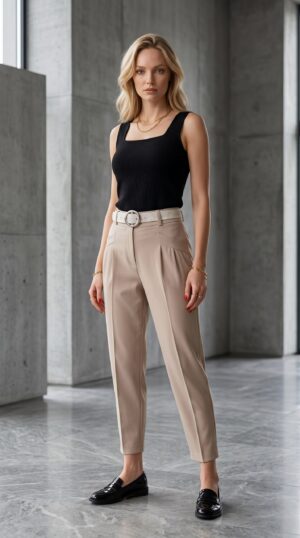 Premium Beige Pleated Trousers with Belt Detail Premium Beige Pleated Trousers with Belt Detail