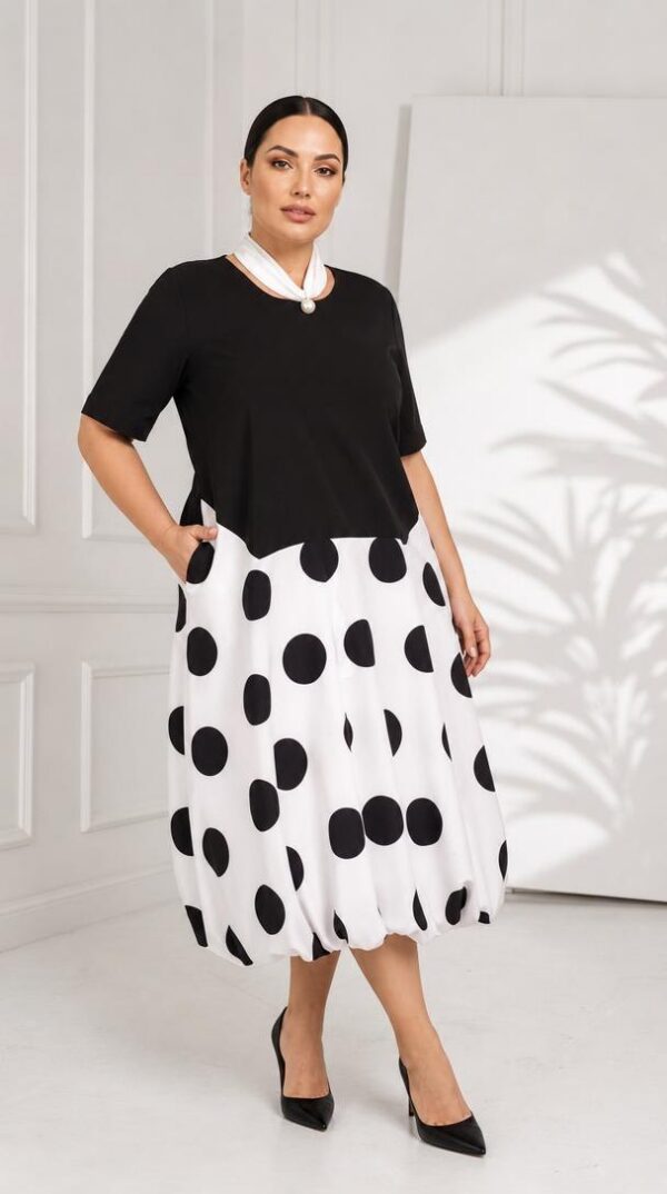 Premium Polka Dot Midi Dress - Black & White