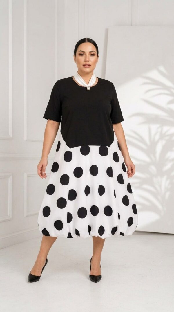 Premium Polka Dot Midi Dress - Black & White