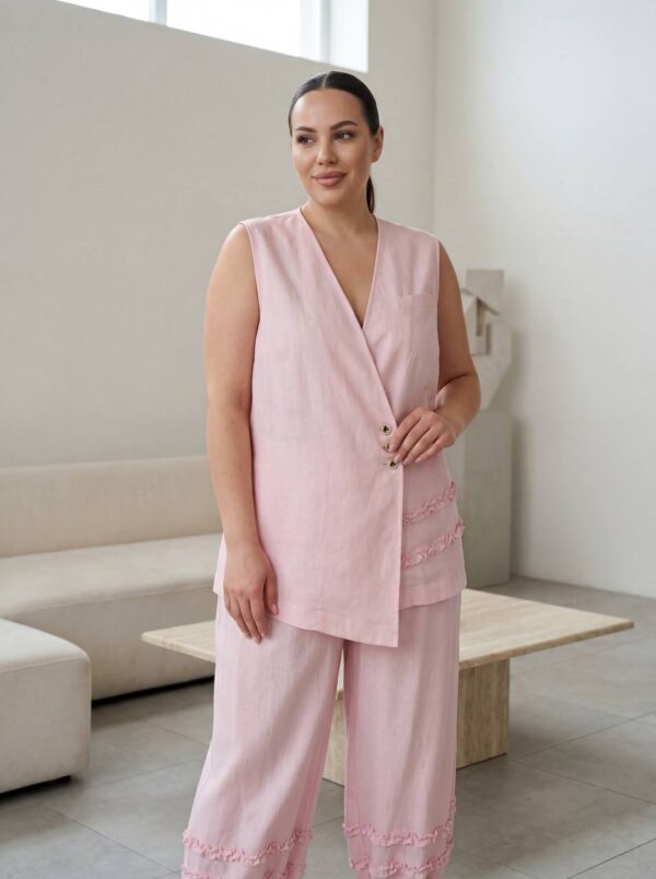 Premium Two-Piece Linen Suit Set with Ruffled Details Premium Two-Piece Linen Suit Set with Ruffled Details