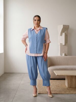 Women's Two-Piece Ensemble: Blue Vest & Pleated Pants Women's Two-Piece Ensemble: Blue Vest & Pleated Pants
