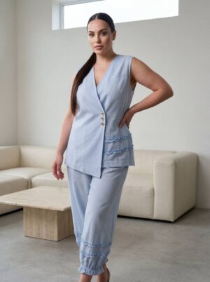 Premium Two-Piece Linen Suit Set with Ruffled Details Premium Two-Piece Linen Suit Set with Ruffled Details