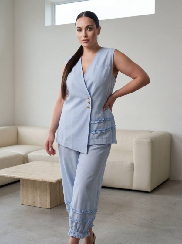 Premium Two-Piece Linen Suit Set with Ruffled Details Premium Two-Piece Linen Suit Set with Ruffled Details
