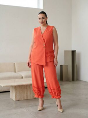 Premium Two-Piece Linen Suit Set with Ruffled Details