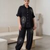 Black Floral Embroidered Two-Piece Set - Wholesale Button-Up Top & Jogger Pants Black Floral Embroidered Two-Piece Set - Wholesale Button-Up Top & Jogger Pants