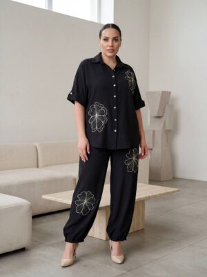 Black Floral Embroidered Two-Piece Set - Wholesale Button-Up Top & Jogger Pants Black Floral Embroidered Two-Piece Set - Wholesale Button-Up Top & Jogger Pants