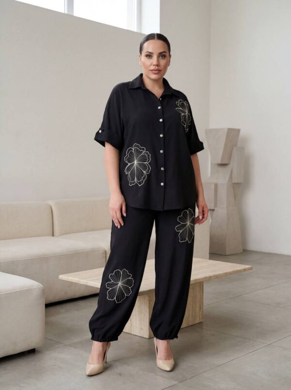 Black Floral Embroidered Two-Piece Set - Wholesale Button-Up Top & Jogger Pants Black Floral Embroidered Two-Piece Set - Wholesale Button-Up Top & Jogger Pants