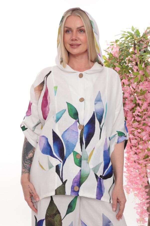 Watercolor Leaf Print Hooded Tunic Top & Bottom Set Watercolor Leaf Print Hooded Tunic Top & Bottom Set