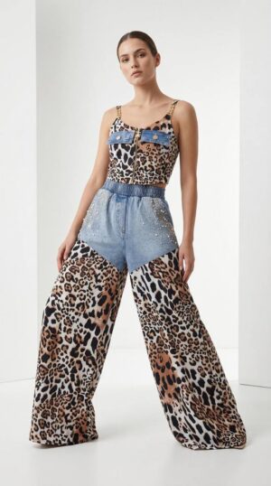 Leopard Print Two-Piece Set with Denim Accents Leopard Print Two-Piece Set with Denim Accents