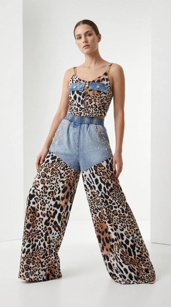 Leopard Print Two-Piece Set with Denim Accents Leopard Print Two-Piece Set with Denim Accents