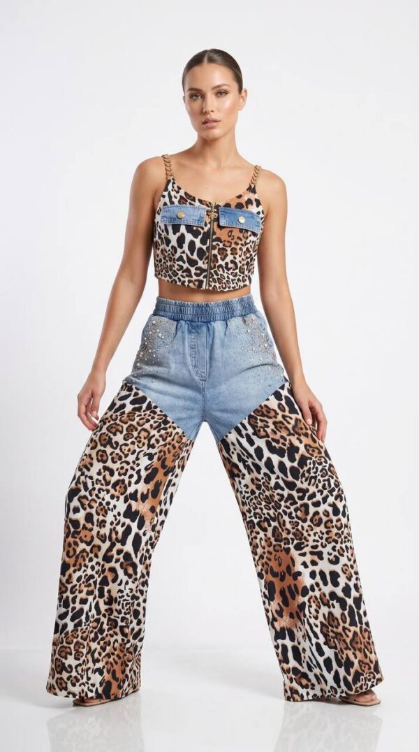 Leopard Print Two-Piece Set with Denim Accents Leopard Print Two-Piece Set with Denim Accents