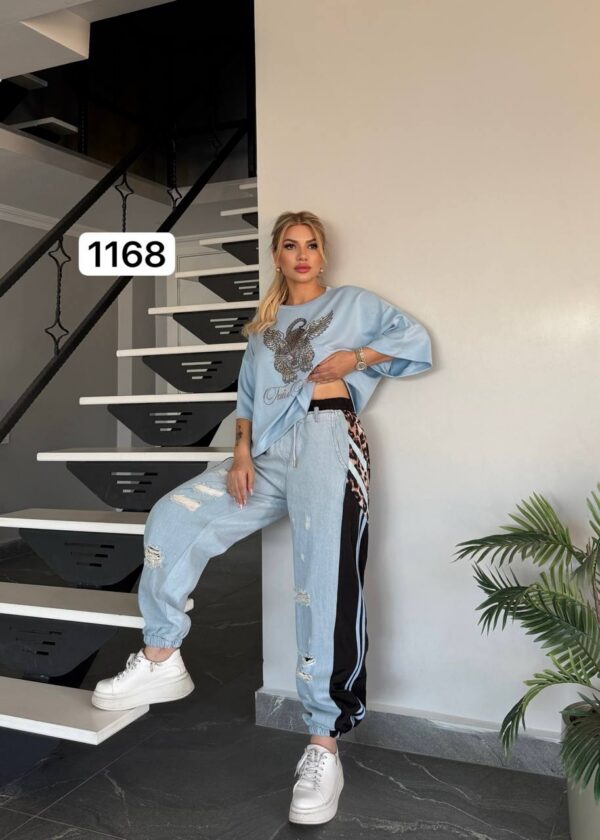 Premium Graphic Print T-Shirt with Distressed Denim Set