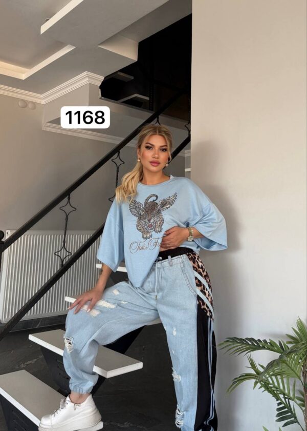 Premium Graphic Print T-Shirt with Distressed Denim Set
