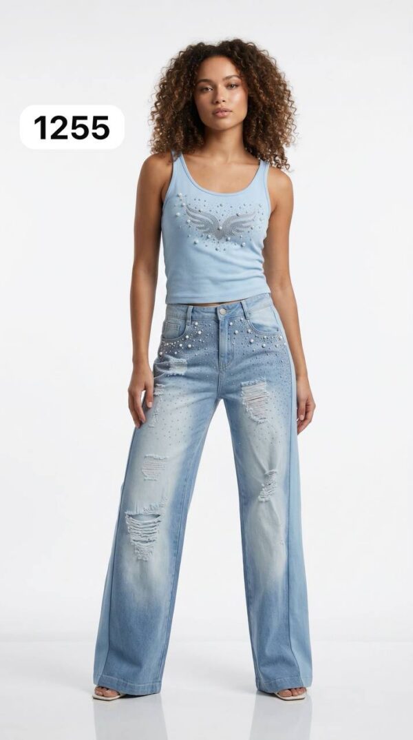 Women's Distressed Denim Set with Rhinestone Embellished Tank Top Women's Distressed Denim Set with Rhinestone Embellished Tank Top