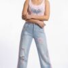Women's Distressed Denim Set with Rhinestone Embellished Tank Top Women's Distressed Denim Set with Rhinestone Embellished Tank Top
