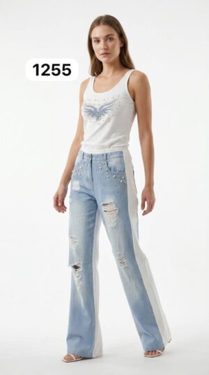 Women's Distressed Denim Set with Rhinestone Embellished Tank Top