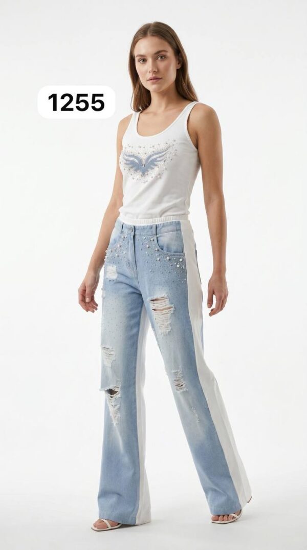 Women's Distressed Denim Set with Rhinestone Embellished Tank Top Women's Distressed Denim Set with Rhinestone Embellished Tank Top