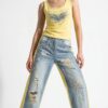 Women's Distressed Denim Set with Rhinestone Embellished Tank Top Women's Distressed Denim Set with Rhinestone Embellished Tank Top