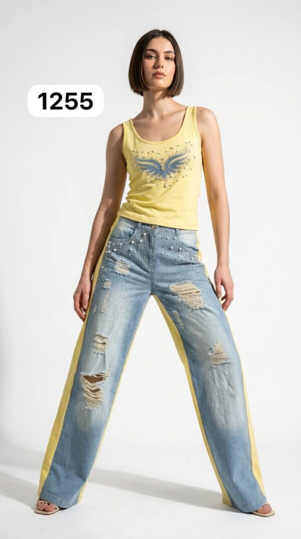 Women's Distressed Denim Set with Rhinestone Embellished Tank Top Women's Distressed Denim Set with Rhinestone Embellished Tank Top