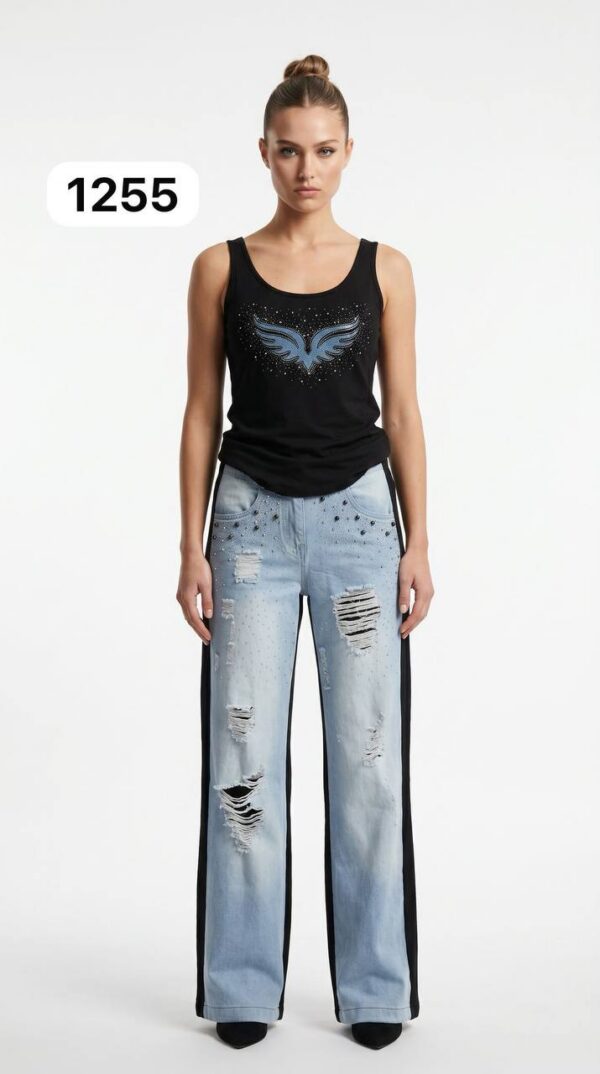 Women's Distressed Denim Set with Rhinestone Embellished Tank Top Women's Distressed Denim Set with Rhinestone Embellished Tank Top
