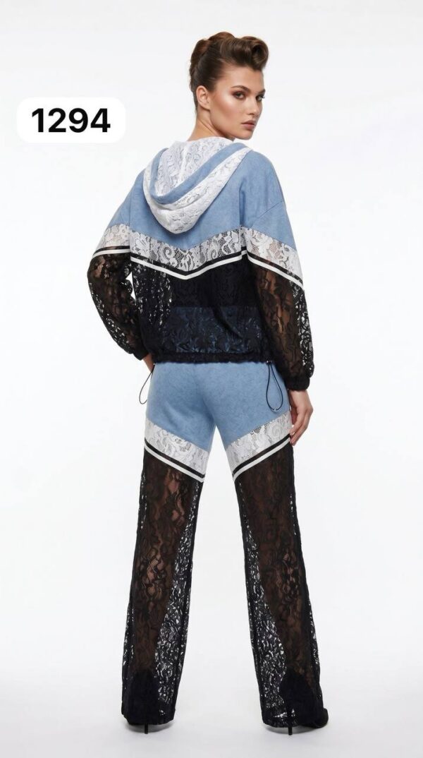 TATU1294 Premium Lace & Denim Color Block Tracksuit Set
