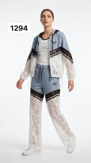 TATU1294 Premium Lace & Denim Color Block Tracksuit Set